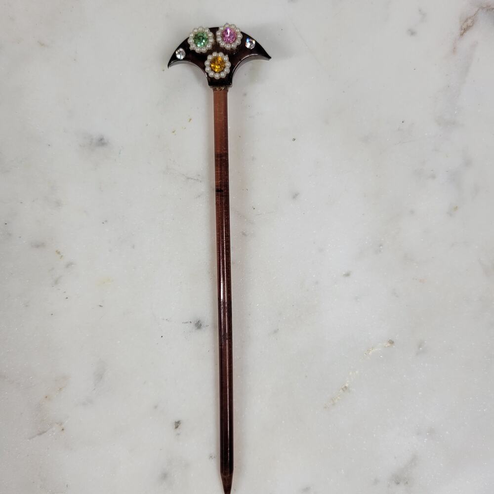 Vintage Bakelite Hair Stick 6" Brown Rhinestones Pearls